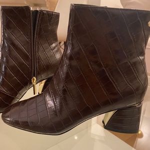Brown Croc Embossed Block Heeled Boots